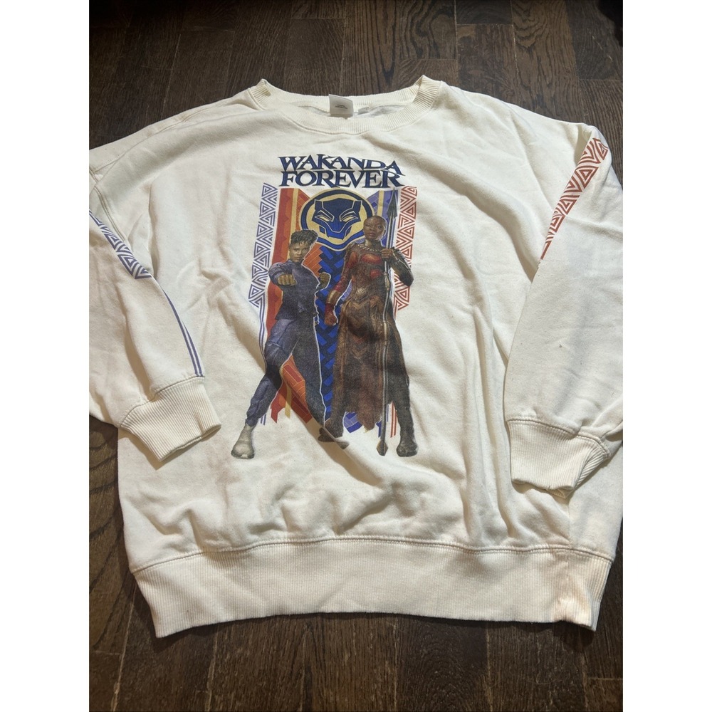 Wakanda Forever Black Panther‎ Women's Sweatshirt Beige Logo Size M Oversized